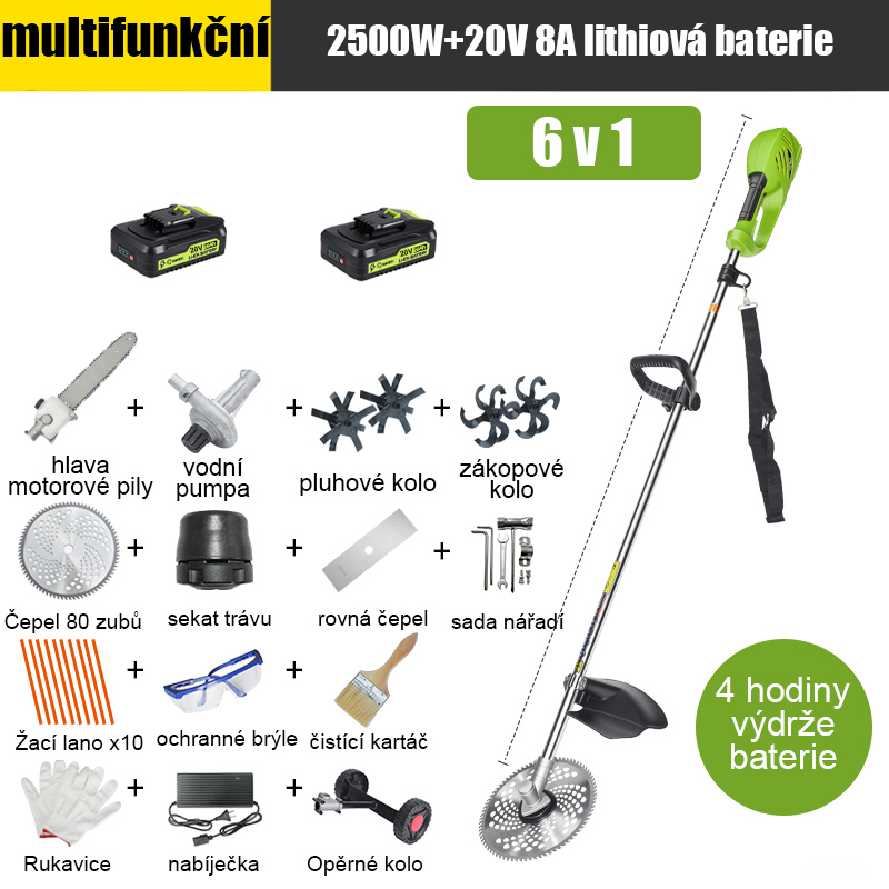[6-v-1] 2500W, 20V 8A*2 lithiová baterie, výdrž baterie 4 hodiny, hlava řetězové pily, nůž vertikutátoru, nůž pro příkop, vodní čerpadlo, nůž 80 zubů, řezací hlava, řezací lano*10, rovný nůž , opěrné kolo, Kompletní sada příslušenství.
