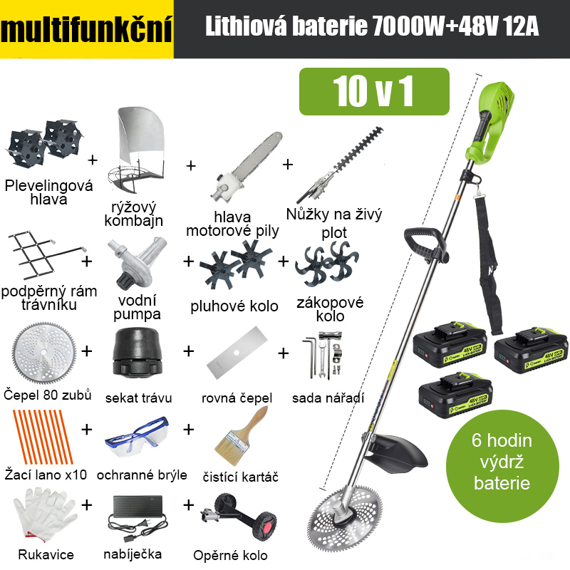 [10-v-1] 7000W lithiová baterie, 48V 12A*3, výdrž baterie 6 hodin, elektrická pilová hlava, vertikutační nůž, příkopový nůž, vodní čerpadlo, 80zubý nůž, řezací hlava, řezací lano*10, rovný nůž , opěrné kolo, tráva Podpěrný rám, podpěra na rýži, nůžky na živý plot, pletací hlava, kompletní sada příslušenství