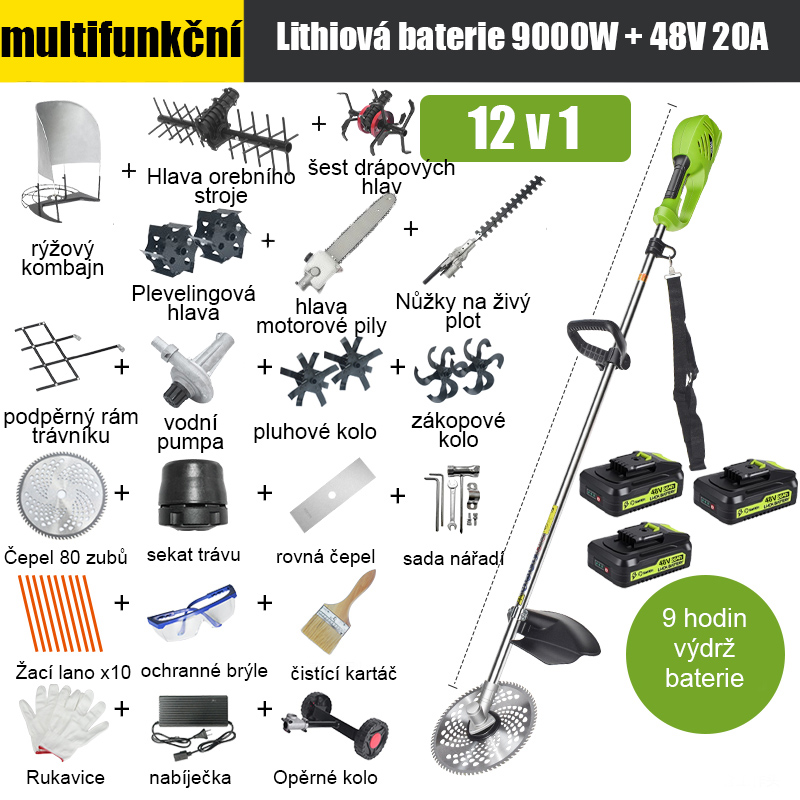 [12-v-1] 9000W lithiová baterie, 48V 20A*3, výdrž baterie 9 hodin, elektrická pilová hlava, vertikutační nůž, příkopový nůž, vodní pumpa, 80zubý nůž, řezací hlava, řezací lano*10, rovná čepel , opěrné kolečko, tráva Podpěrný rám, podpěra na rýži, nůžky na živý plot, pletací hlava, hlava se šesti drápy, vyrovnávač, kompletní sada příslušenství