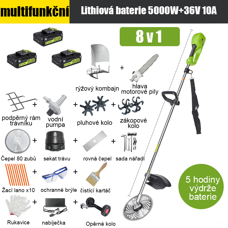 [8-v-1] 5000W lithiová baterie, 36V 10A*3, výdrž baterie 4 hodiny, elektrická pilová hlava, vertikutační nůž, příkopový nůž, vodní pumpa, 80zubý nůž, řezací hlava, řezací lano*10, rovná čepel , podpěrné kolo, tráva Podpěrný rám, metrová podpěra, kompletní sada příslušenství